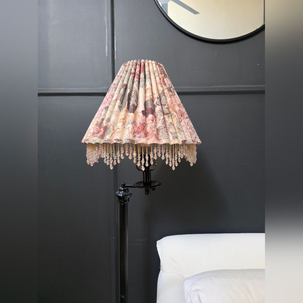 Vtg Threshold Home Brand Champagne Bell Lamp Shade Pleated Fabric Beaded Fringe
